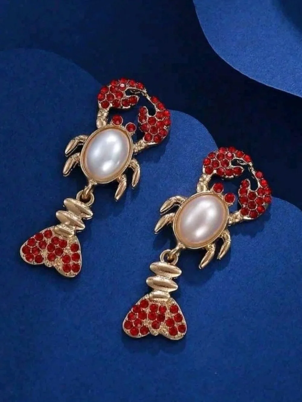 NEW! Stunning Gold Red Sparkly Crystal Crab Earrings with Pearl Center Accent